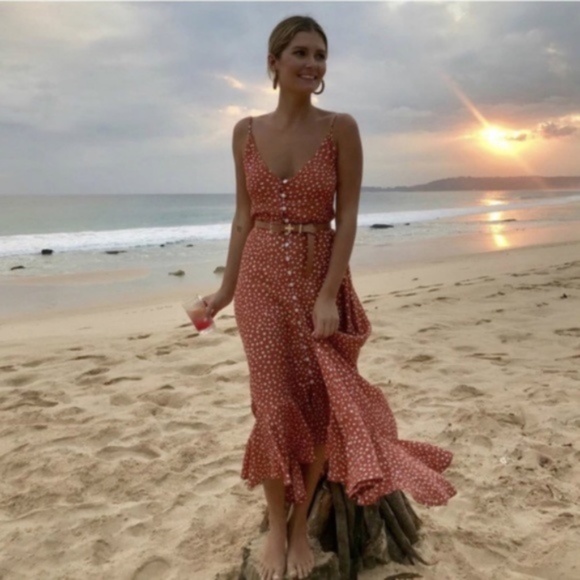 Dresses & Skirts - polka dot v neck ruffle button up cami maxi orange